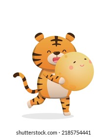 Cute tiger and moon character mascot celebrating mid-autumn festival