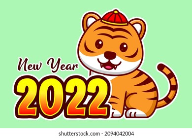Cute Tiger With New Year Text Cartoon Vector Icon Illustration. Animal Character Mascot Flat Concept.