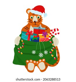 A cute tiger in a New Year's hat holds a sack with gifts for Christmas in its paws. New year 2022.Vector illustration.