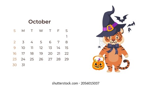 Cute tiger October 2022 calendar horizontal template. Adorable funny tiger in witch hat isolated on white background. Wall poster, calendar page and kawaii cartoon character. Month planner design