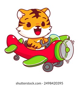 Cute Tiger on Airplane Cartoon Vector Illustration. Kawaii Adorable Animal Pilot Concept Design. Travel And Transportation Themes. Isolated White Background.