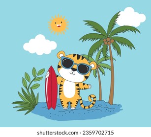 Cute tiger on the beach, Cute tiger with surf board  Cute summer graphic