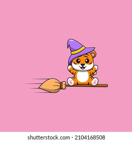 Cute tiger on a broomstick cartoon vector icon illustration. Flat cartoon style.