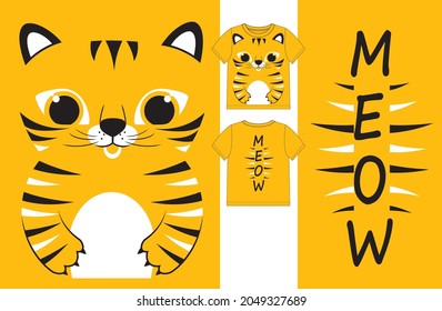 Tigre lindo en el frente y el eslogan maullido en la espalda. Ilustración vectorial para camiseta de niños.