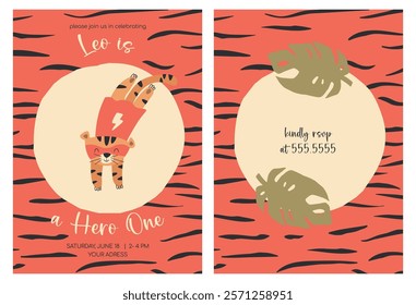 Cute tiger on kids invitation card for birthday party. Funny wild cat hero animal. Vector baby invite design. Flat illustration
