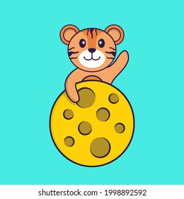 Cute tiger is on the moon. Animal cartoon concept isolated. Can used for t-shirt, greeting card, invitation card or mascot.