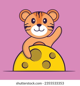 Cute tiger is on the moon. Animal cartoon concept isolated. Can used for t-shirt, greeting card, invitation card or mascot. 
