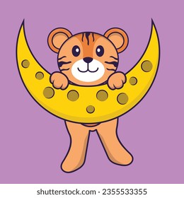 Cute tiger is on the moon. Animal cartoon concept isolated. Can used for t-shirt, greeting card, invitation card or mascot