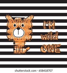 cute tiger on striped background, hand drawn tiger cartoon, T-shirt design for kids vector illustration