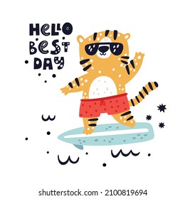 Cute Tiger On A Surfboard In Ocean. Travel Animal Card With Hand Drawn Quote. Cartoon Tiger Cub. Hello Summer Illustration. Sportive Animal, Water Entertainment