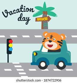 Cute tiger on transport, transportation vehicle drivers character. Creative vector childish background for fabric, textile, nursery wallpaper, poster, card, brochure. and other decoration.