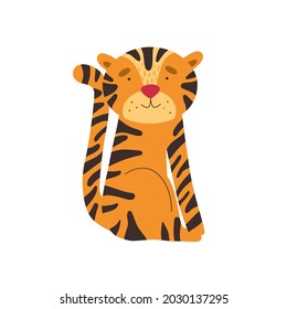 Tigre lindo sobre un fondo blanco. Ilustración vectorial al estilo de las caricaturas.