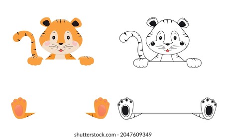 Cute tiger on white background. Drawing tiger black white lines, orange, design for banner, poster, invitation card.