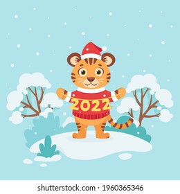 Cute tiger on winter background. Year of the tiger 2022. Vector illustration