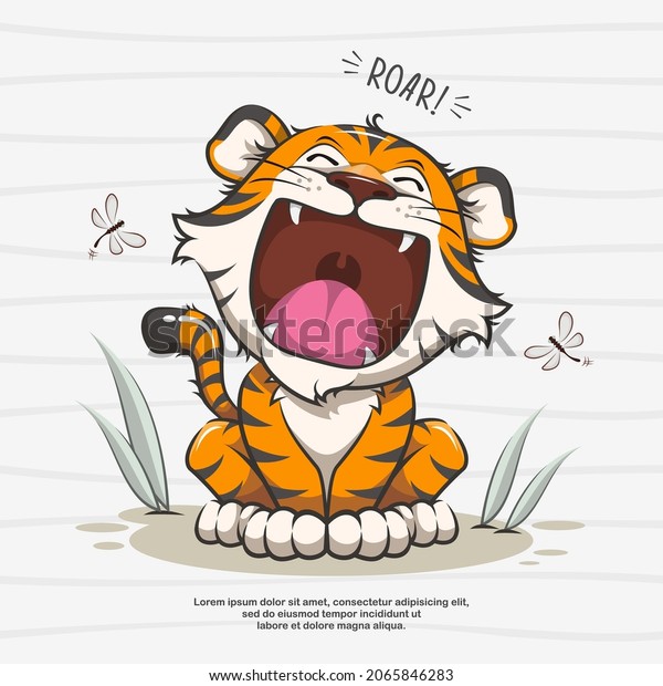 Cute Tiger Open Mouth Roar, Born To\
Roar, Cute Animal Character, Cute Cartoon\
Illustration