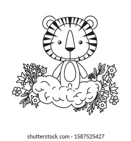 Cute tiger over cloud with flowers and leaves design, Animal zoo life nature character childhood and adorable theme Vector illustration