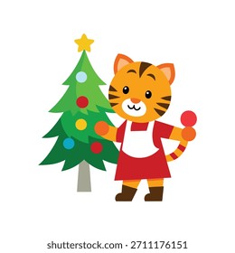 Um tigre bonito pinta ornamentos de cor sólida para um Natal alegre, adicionando vibrações festivas coloridas a uma cena alegre.