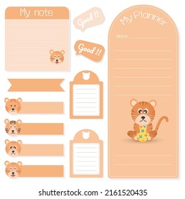 Cute tiger paper notes. Stationary set. Scrapbook notes and cards.Printable planner stickers. To Do List note. Template for your message. Decorative planning element. Vector illustration.