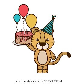 cute tiger with party hat on white background