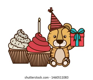 cute tiger with party hat on white background