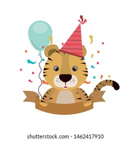 cute tiger with party hat on white background