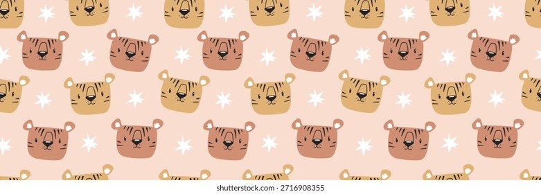 Patrón lindo del tigre con los animales del bebé en diseño inconsútil. Estampado infantil de safari en la jungla con personajes de dibujos animados, perfecto para proyectos infantiles y fondos divertidos.