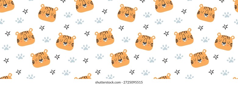 Nettes Tigermuster mit Babytieren im nahtlosen Cartoon-Design. Perfekt für Kindergewebe, Safari-Prints und kindische Dschungel-Themen-Hintergründe mit fröhlichen Charakteren.