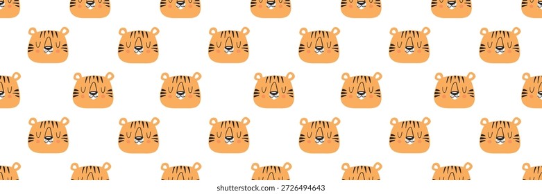 Padrão de tigre bonito com filhotes de animais em estilo cartoon. Impressão de selva contínua com personagens de safári adoráveis, perfeito para desenhos infantis e fundos infantis.