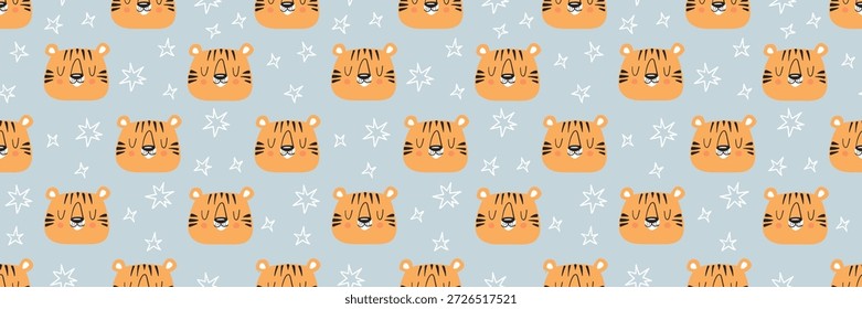 Patrón lindo del tigre con los animales del bebé en estilo de la historieta. Estampado de selva sin fisuras con adorables personajes de safari, perfecto para diseños infantiles y fondos infantiles.