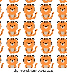 Cute Tiger Pattern. Cartoon animal background for kids, textile, pattern fabric, wallpaper.