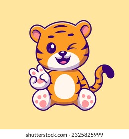 Cute Tiger With Peace Hand Cartoon Vector Icon Illustration. Animal Nature Icon Concept Isolated Premium Vector. Flat Cartoon Style
