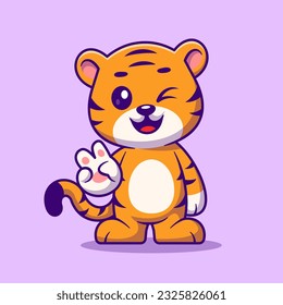 Cute Tiger With Peace Hand Cartoon Vector Icon Illustration. Animal Nature Icon Concept Isolated Premium Vector. Flat Cartoon Style