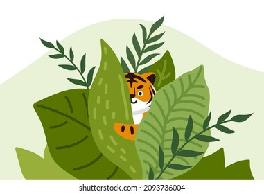 Cute tiger peeking out from green leaves. Wild cat hiding in jungle. Animal in tropical thickets. Chinese symbol of new year 2022. Cartoon character for print, poster, calendar. Vector illustration.