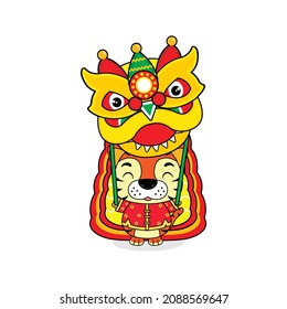 Cute tiger performs Lion Dance cartoon vector illustration.