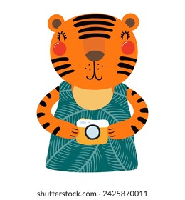 Cute tiger with photo camera cartoon character illustration. Hand drawn Scandinavian style flat design, isolated vector. Kids summer print element, animal on holidays, vacations, beach