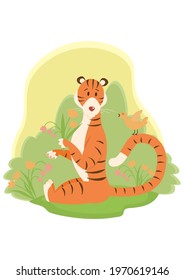 A cute tiger picks flowers in a green meadow and looks at a singing bird sitting on its tail. Vector spring illustration. 2022 new year of the tiger