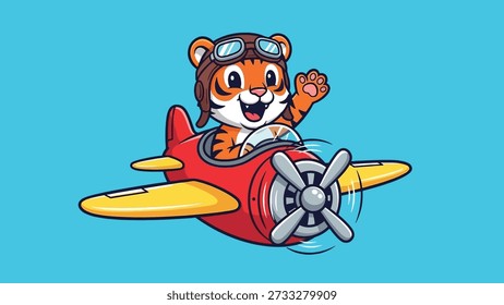 Un piloto lindo del tigre está volando un avión, ilustración del icono del Vector de la historieta. Icono de transporte animal concepto aislado Vector premium. Estilo plano de la historieta.