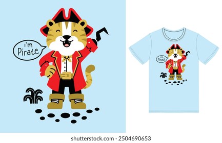 Linda ilustración de piratas tigre con diseño de camiseta Vector premium el concepto de Tecnología aislada. Estilo plano de la historieta conveniente para aterrizar las Páginas de Web, camiseta, volantes, pegatinas