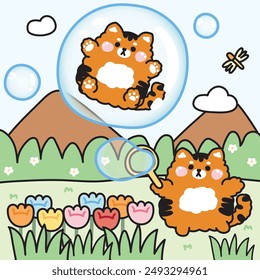 Cute tiger play soap bubble on the flower garden at jungle.Tiger stay in bubble on sky background.Wild animal character cartoon design.Kawaii.Vector.Illustration.