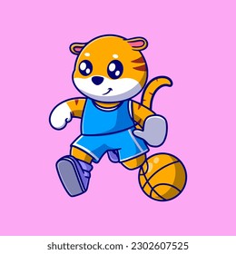 Cute tiger playing basketball icon illustration. the flat design concept for sport