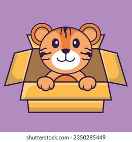 Cute tiger Playing In Box. Animal cartoon concept isolated. Can used for t-shirt, greeting card, invitation card or mascot.