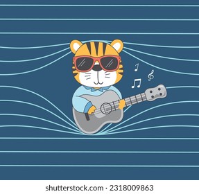 Cute tiger playing drums, cute tiger playing guitar, cute tiger playing music instruments, cute Rockstar tiger