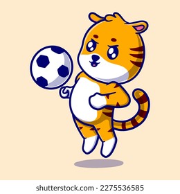 Cute tiger playing football cartoon icon illustration. funny character for stickers and business