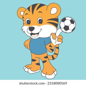 cute tiger playing football, cute tiger playing sports ball, cute animal playing soccer