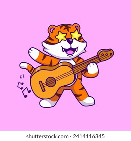 Cute Tiger Playing Guitar Cartoon Vector Icons Illustration. Flat Cartoon Concept. Suitable for any creative project.