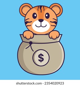 Cute tiger playing in money bag. Animal cartoon concept isolated. Can used for t-shirt, greeting card, invitation card or mascot