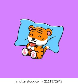 Cute tiger playing with phone. Flat cartoon illustration