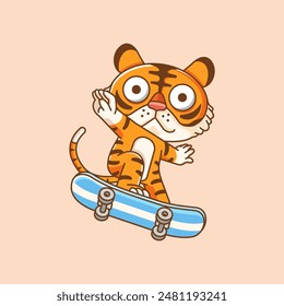 Un tigre lindo jugando skateboard animal kawaii chibi personaje mascota ilustración contorno estilo