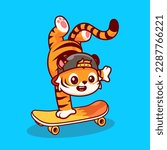 Cute Tiger Playing Skateboard Cartoon Vector Icon Illustration. Animal Sport Icon Concept Isolated Premium Vector. Flat Cartoon Style