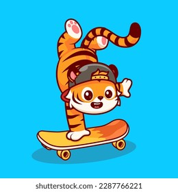 Cute Tiger Playing Skateboard Cartoon Vector Icon Illustration. Animal Sport Icon Concept Isolated Premium Vector. Flat Cartoon Style